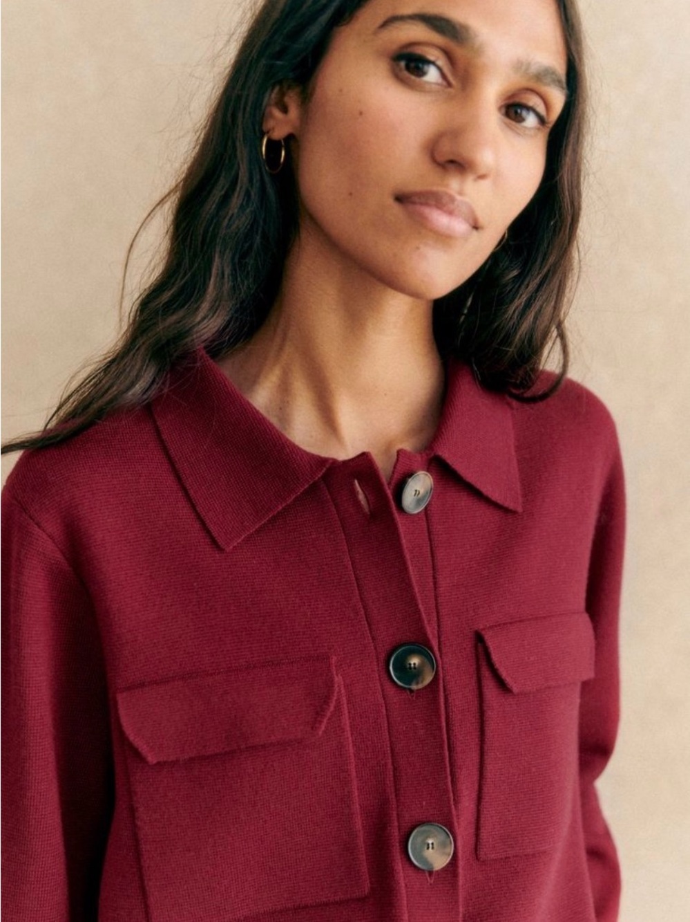 Sézane “Betty” Button-Front Blazer Jacket in Garnet